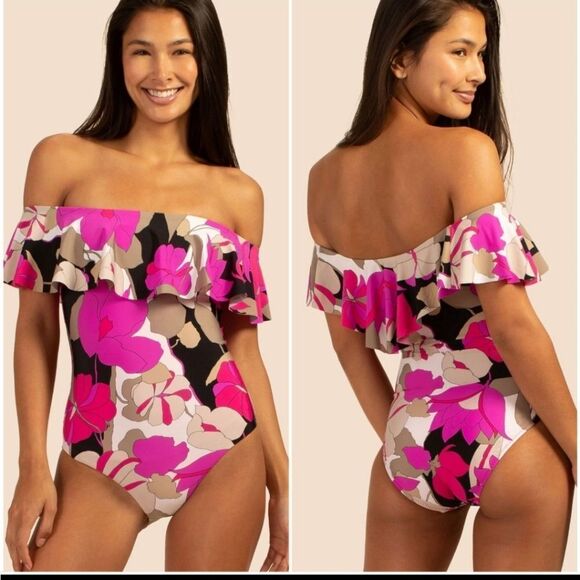 Trina Turk Gemini Lynx Floral Ruffle Off the Shoulder One Piece Swimsuit…